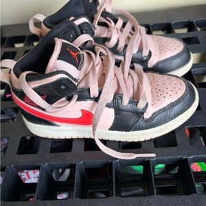 Jordan Kids Black and Pink Sneakers with Red Accents